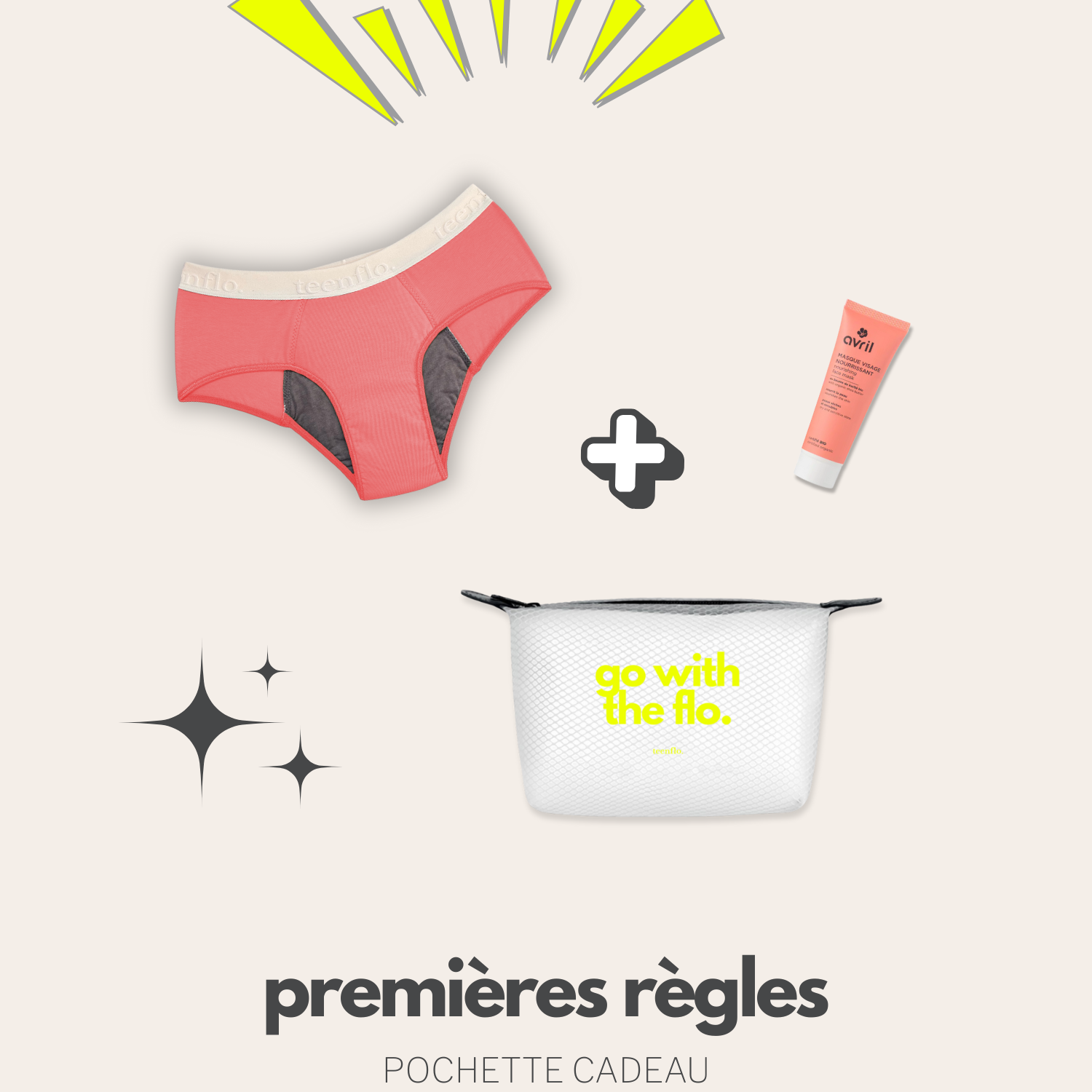 pochette jaune regroupant des produits pour les premières règles