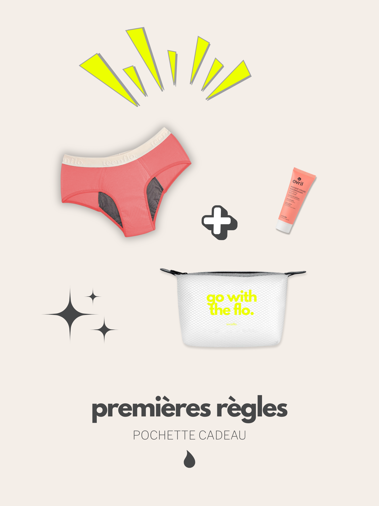 pochette jaune regroupant des produits pour les premières règles